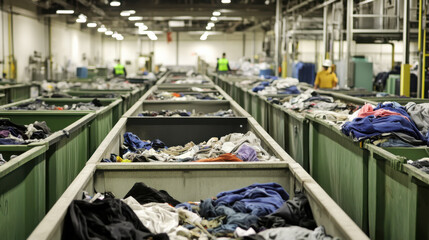Textile recycling facility operations: side view of sorting and processing