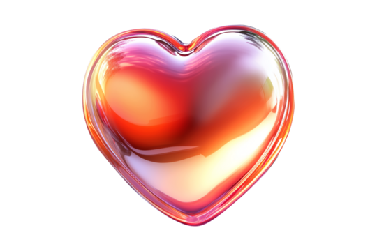 Glossy glass heart with a vibrant gradient of orange, pink and gold hues isolated on white transparent background, symbolizing love and emotion