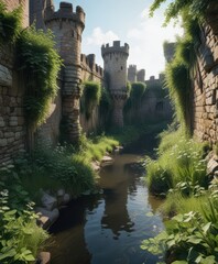 Overgrown moat surrounds crumbling castle walls, wall, ancient