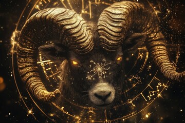 Stellar background featuring aries zodiac symbol amidst astrology, alchemy, and mystical elements - obrazy, fototapety, plakaty