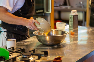 Professional chef making hot water crust pastry for pork pies. Traditional organic food. Food photography.