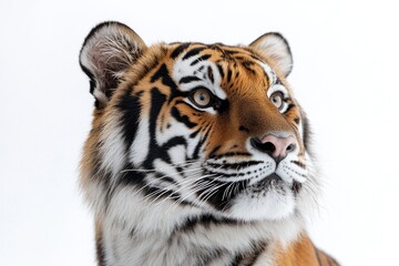 Fototapeta premium A close-up shot of a tiger's face on a white background, great for wildlife or nature-themed projects
