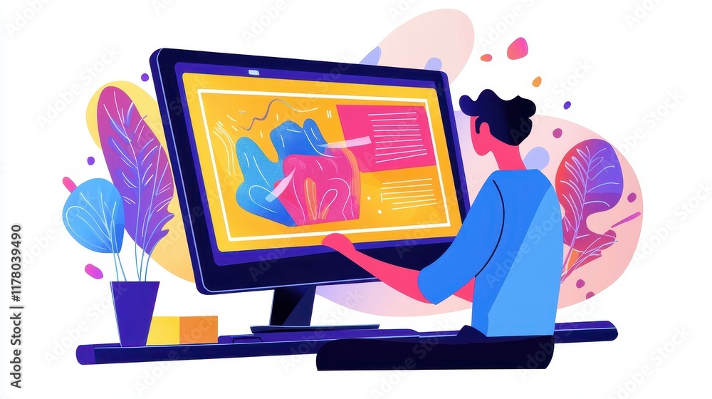 Poster a designer working on a banner ad for a brand campaign on a computer with vibrant visuals on a white
