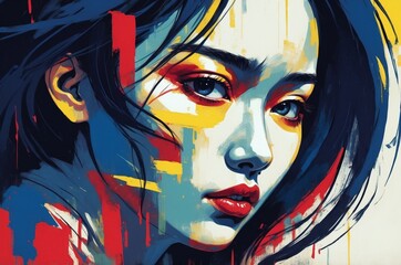 Abstract dramatic portrait painting of a sad, loneliness, depression woman face, emotion and mental health theme concept texture design illustration.
