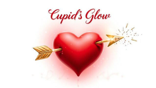 A vibrant red heart pierced by a golden arrow with a sparkling tip, surrounded by a faint pink glow. Elegant red script reads Cupid's Glow above.