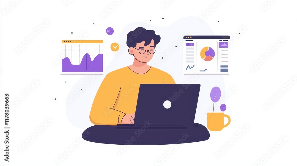 Poster a digital marketer analyzing online ad performance metrics on a laptop with colorful charts on a whi