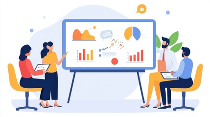 A creative team in a meeting discussing advertising strategies with charts and digital devices on a white isolated background