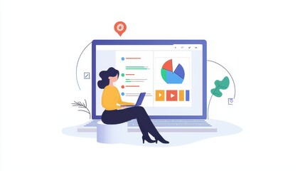 A digital marketer analyzing online ad performance metrics on a laptop with colorful charts on a white isolated background