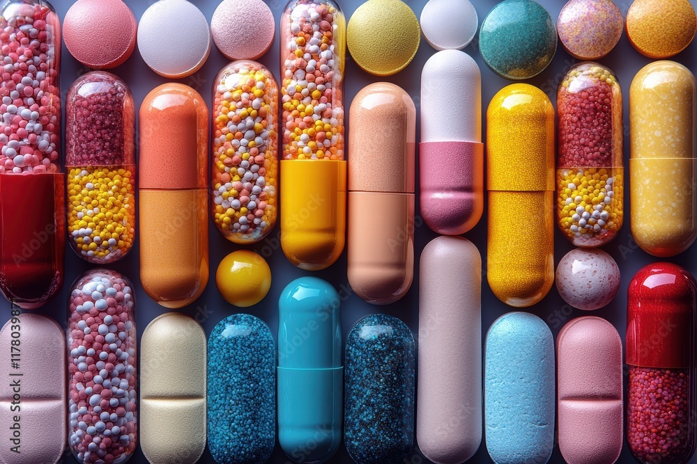 Poster colorful capsules filled with unique patterns and textures presented in an artistic layout