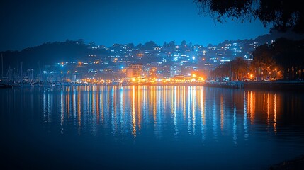 Naklejka premium Nighttime Cityscape Reflected In Calm Water