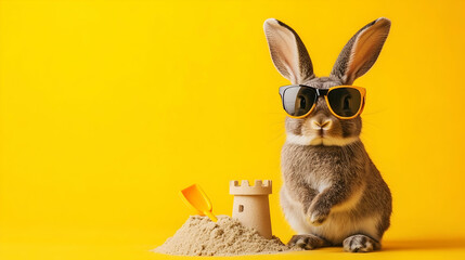 Playful rabbit wearing sunglasses sitting beside a sandcastle, symbolizing creativity and summer joy, perfect for family-friendly ads or leisure campaigns