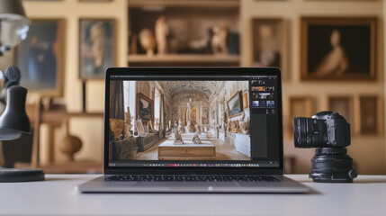 Virtual museum exhibit displayed on laptop for digital art experience and online exploration
