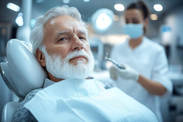 Senior man smiling during dental checkup with dentist holding inspection tool