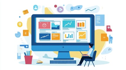 A designer working on the visual aspects of an online advertisement on a computer screen with creative graphics on a white isolated background