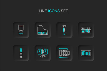 Set line Music synthesizer, Xylophone, Conga drums, Audio jack, Clarinet, Grand piano and African djembe icon. Vector
