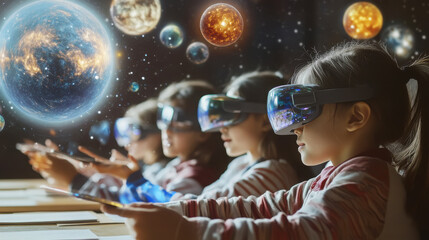 Young students exploring virtual astronomy with augmented reality devices in classroom setting