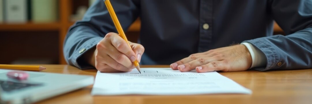 Test taker sitting at desk with pencil and eraser on a table in front of them , test, learning, taking