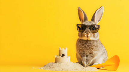 Playful rabbit wearing sunglasses sitting beside a sandcastle, symbolizing creativity and summer joy, perfect for family-friendly ads or leisure campaigns