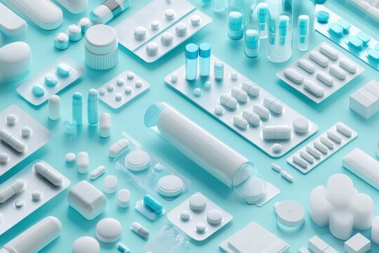 Medical supplies and pharmaceutical products arranged in an organized layout