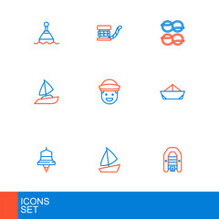 Set line Inflatable boat with motor, Yacht sailboat, Ship bell, Folded paper, Sailor, Nautical rope knots and Marine bollard icon. Vector