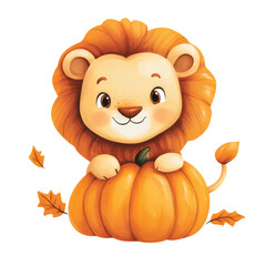 Cute lion cub surrounded by autumn pumpkins