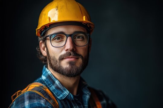 Professional construction worker in safety gear with glasses and a beard