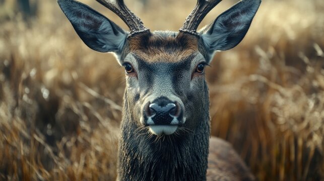 A close-up of a deer grazing in a field of tall grass, great for nature or wildlife photography needs