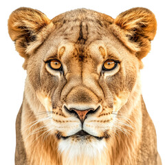 Fototapeta premium Lioness with striking gaze on a white background