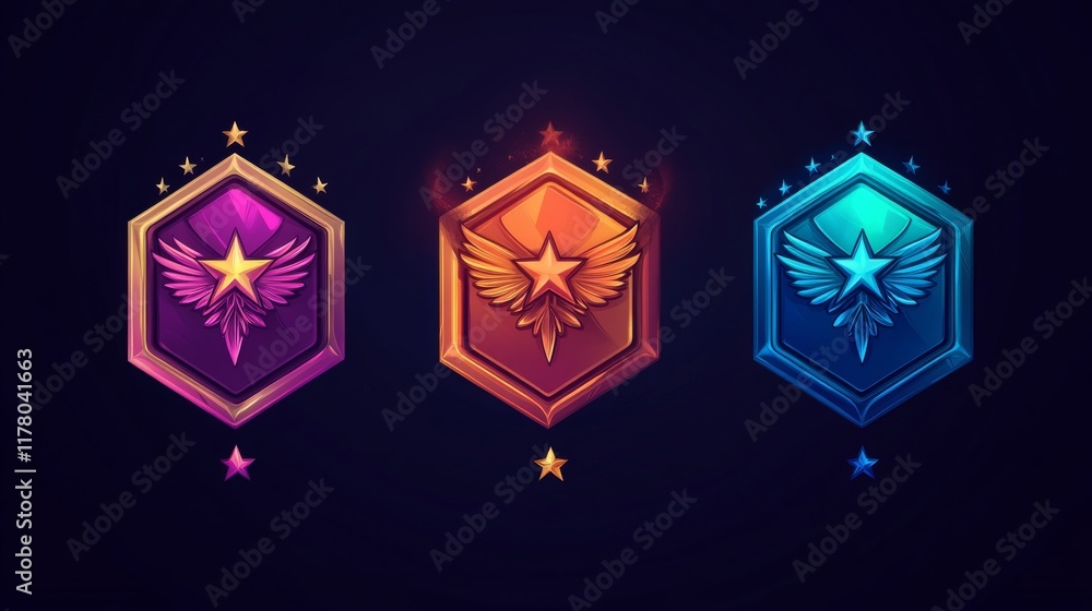 Poster medal and badge with star and wings for game ui level rank design. cartoon vector illustration set o