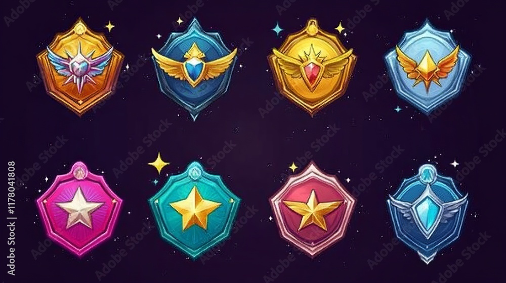 Poster medal and badge with star and wings for game ui level rank design. cartoon vector illustration set o