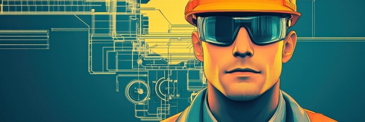 Ad layout showcasing a construction worker in safety gear with an architectural backdrop