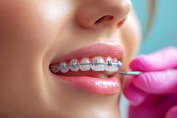 Fototapeta premium Orthodontic Checkup Close-Up Braces Adjustment Professional Dental Care