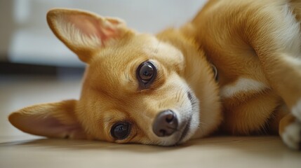 A dog resting its head on the floor, could be used for pet-related or home decor content