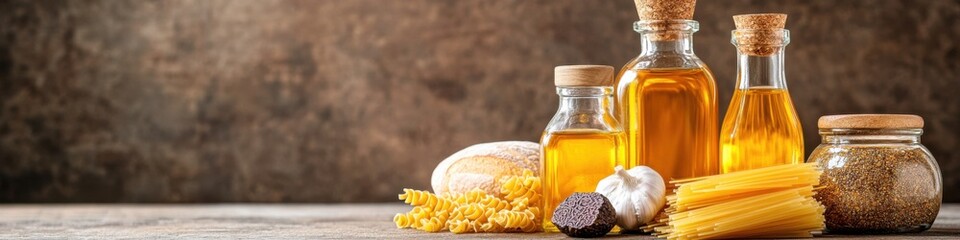 Showcasing gourmet ingredients including truffle oil spices and pasta on a textured background