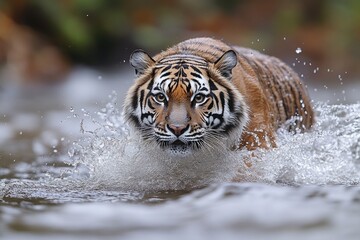 Obraz premium Wildlife image of a tiger running through a calm body of water