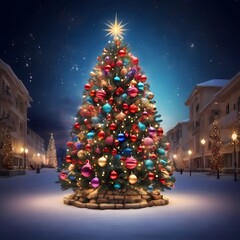 decorated christmas tree in front of the house