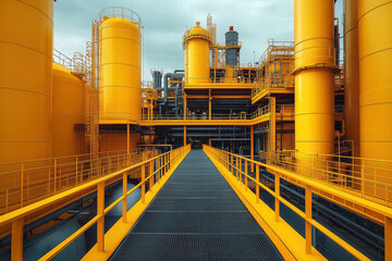 Obraz premium Yellow industrial facility with elevated walkways and tanks during overcast weather