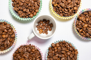 coffee beans in different corners of white canvas with different layout and formats