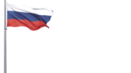Russian flag flying high on flagpole, isolated on transparent background