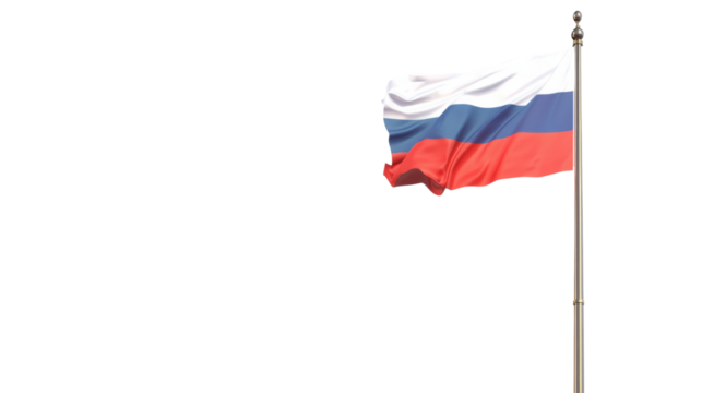 Russian flag flying high on flagpole, isolated on transparent background