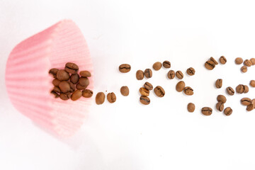 coffee grains falling into a cup or cupcake with coffee inside and symbols around it, creating a background
