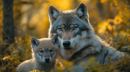 Obraz premium Two wolves sit side by side, looking relaxed and calm