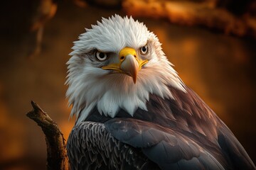 Fototapeta premium Wildlife image of a bald eagle resting on a tree branch, possibly hunting or surveying its surroundings