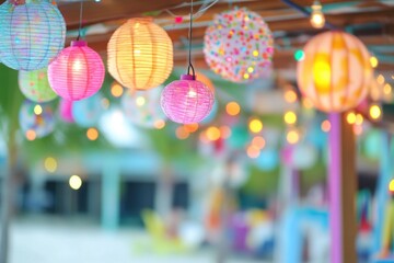 Obraz premium A collection of colorful paper lanterns suspended from a wooden frame