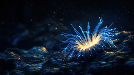 Glowing blue anemone on dark seabed.