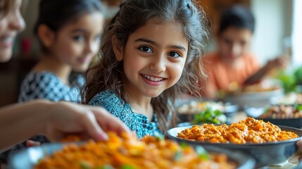 Happy girl smiling at camera during family meal.
