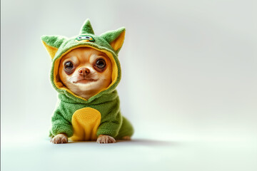 Dinosaur-Themed Chihuahua Costume: A tiny chihuahua dressed in a green and yellow dinosaur hoodie, isolated on light studio background