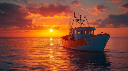 Obraz premium Fishing Vessel Sailing at Sunset Over Calm Ocean Waters
