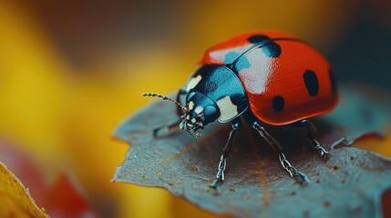 Obraz premium A ladybug sits on the edge of a leaf, enjoying the warm sunlight