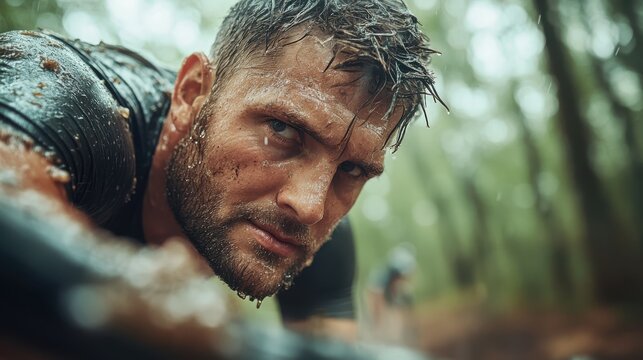 Determination shines through the sweat during an intense outdoor obstacle course challenge in a lush forest setting
